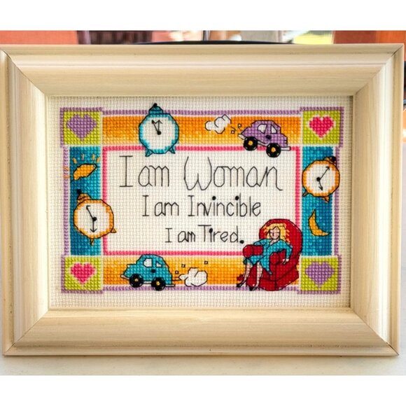Cross-Stitch Wall Art With Wooden Frame "I Am Woman I Am Invincible I Am Tired" - Picture 1 of 6